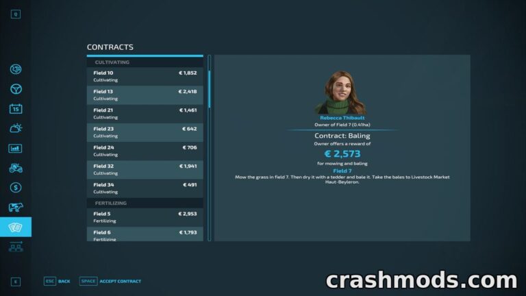 Screenshot showing the contract interface in Farming Simulator 22, featuring a baling contract from Rebecca Thibault.