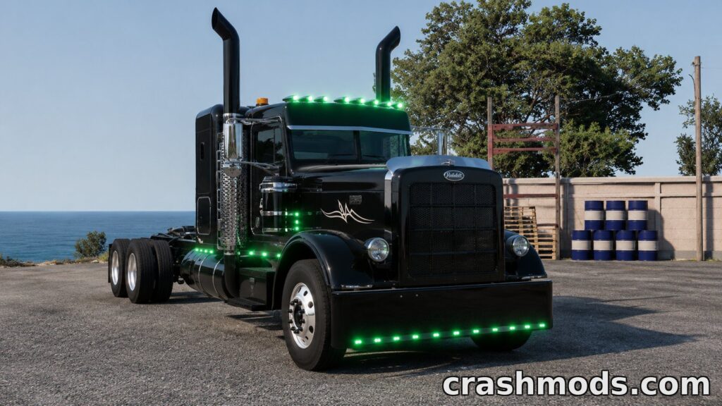 A sleek black semi truck with green LED lights parked by the ocean, showcasing its detailed design and configurations.