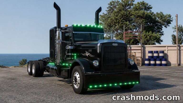 A sleek black semi truck with green LED lights parked by the ocean, showcasing its detailed design and configurations.