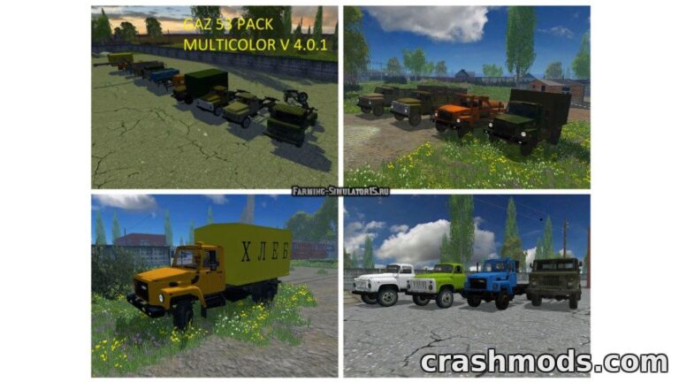 Showcase of the GAZ Pack mod for Farming Simulator 15, featuring various Soviet trucks with customizable bodies and trailers.