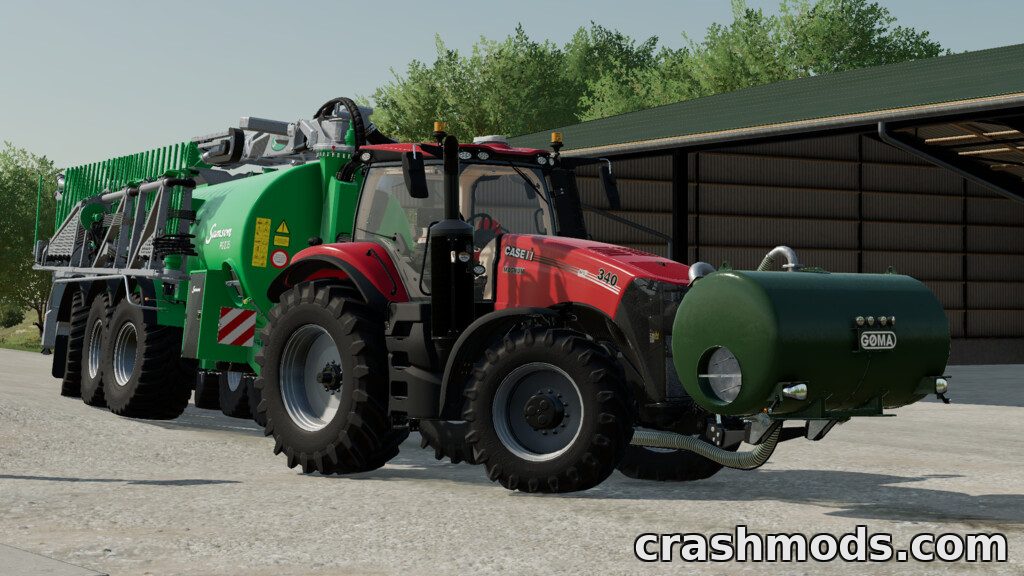 A red tractor pulls a green Goma manure tank, showcasing detailed farming equipment in a realistic setting.