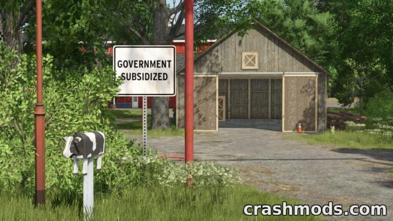 A rustic barn with a "Government Subsidized" sign, set in a lush farming landscape in Farming Simulator 25.