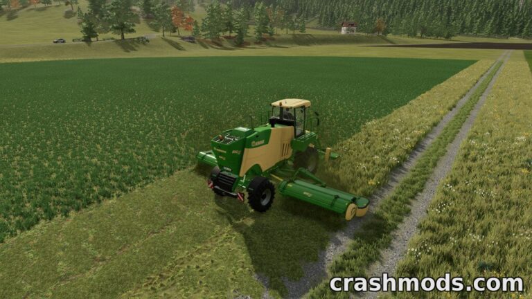 A green mower cuts grass at various growth stages in a lush Farming Simulator 22 landscape.