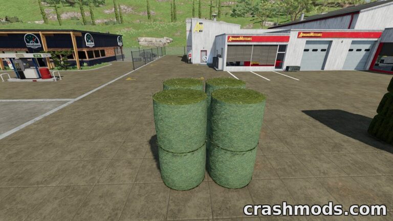 Buyable grass bales stacked neatly outside a store in Farming Simulator 22, showcasing the mod's features.