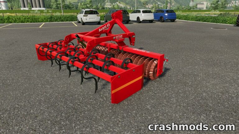 The Güttler Avant 45 is showcased in a parking lot, featuring its 3m roller and 45 cm stars for Farming Simulator 22.