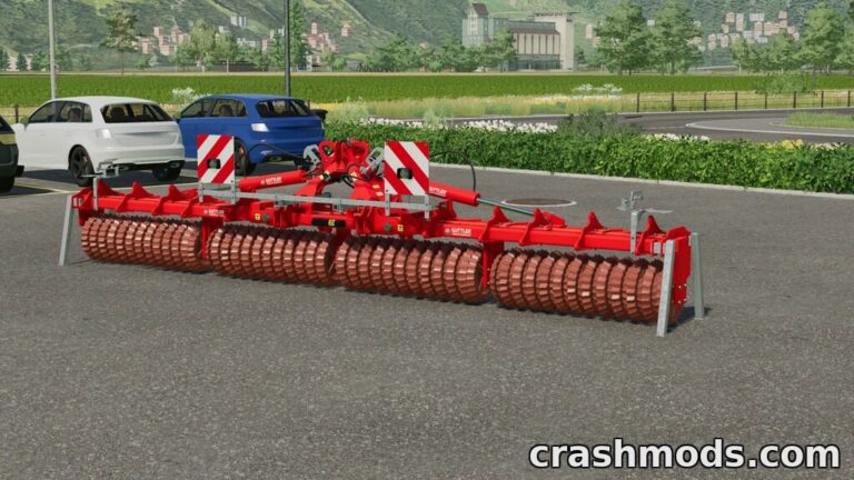 The Güttler Matador 610S roller is showcased in a parking lot, ready for use in Farming Simulator 22.