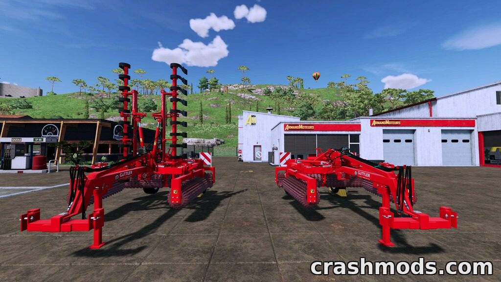 Two red Güttler PW640 ASL MASTER roller and cultivator attachments are showcased in a Farming Simulator 22 environment.