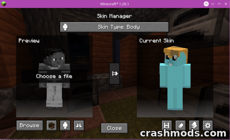 Minecraft Skin Manager interface showing options to choose and preview high-resolution skins for character customization.