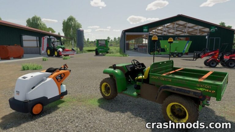 A Stihl RE581 pressure washer is positioned next to a John Deere Gator in a Farming Simulator 22 environment. The scene features farm equipment and buildings in the background.