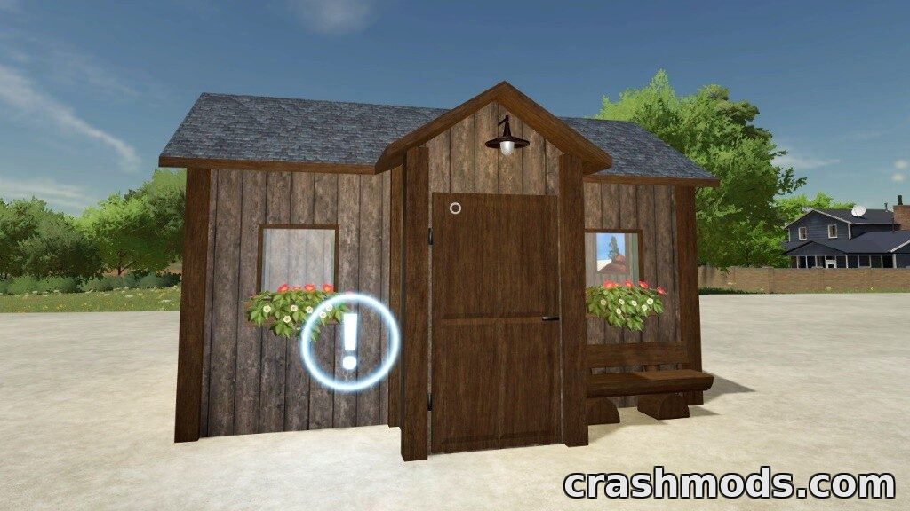A rustic tiny house with wooden siding, featuring flower boxes, a bench, and a welcoming door in Farming Simulator 22.