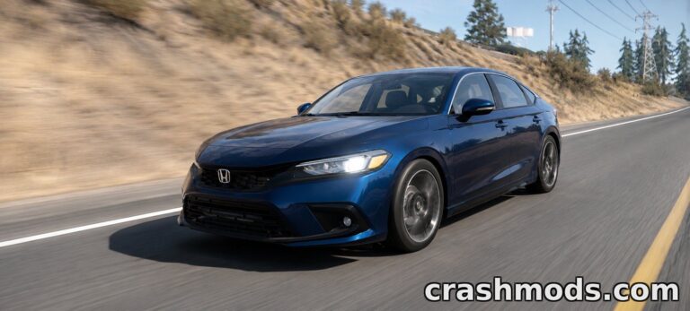 A sleek blue 2024 Honda Civic races down a scenic road, showcasing its remastered details in BeamNG.drive.