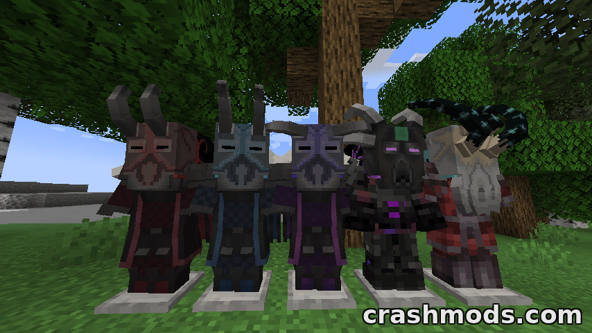 Four distinct dragon-themed armor sets stand proudly on display, showcasing intricate designs in a Minecraft landscape.