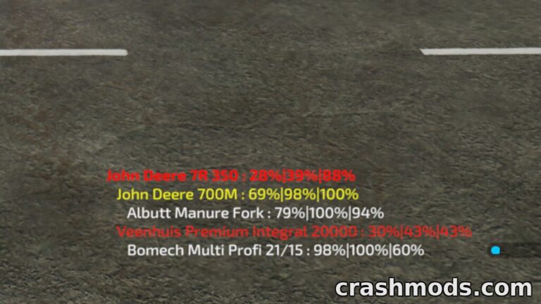 Wear info HUD displays condition and damage percentages for various tools in Farming Simulator 22.
