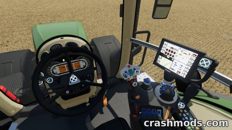 Detailed view of a tractor's cockpit in Farming Simulator 22, showcasing interactive controls and mod features.