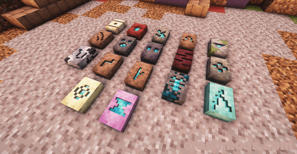 A collection of 3D model items displayed on the ground in Minecraft, showcasing various textures and designs.