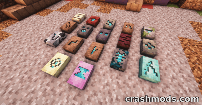 A variety of 3D item models displayed on the ground in Minecraft, showcasing the mod's item placement features.