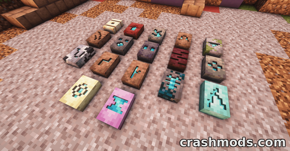 A variety of 3D item models displayed on the ground in Minecraft, showcasing the mod's item placement features.