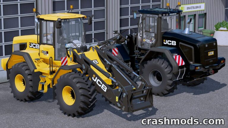 Two JCB wheel loaders, models 435S Stage IV and V, parked side by side, showcasing detailed designs for Farming Simulator 22.