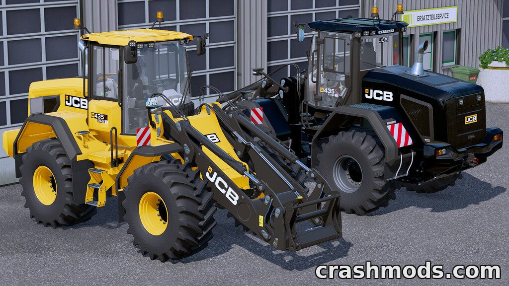 Two JCB wheel loaders, models 435S Stage IV and V, parked side by side, showcasing detailed designs for Farming Simulator 22.