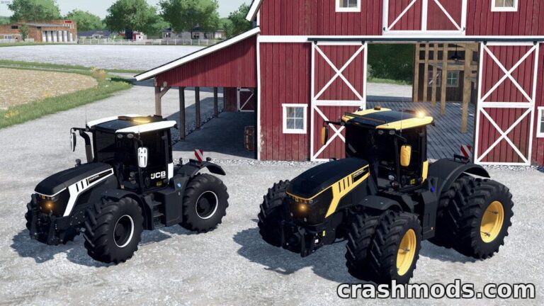 Two JCB Fastrac tractors, 4220 and 8330, parked near a red barn in Farming Simulator 22.