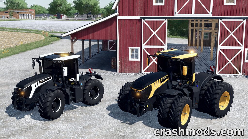 Two JCB Fastrac tractors, 4220 and 8330, parked near a red barn in Farming Simulator 22.