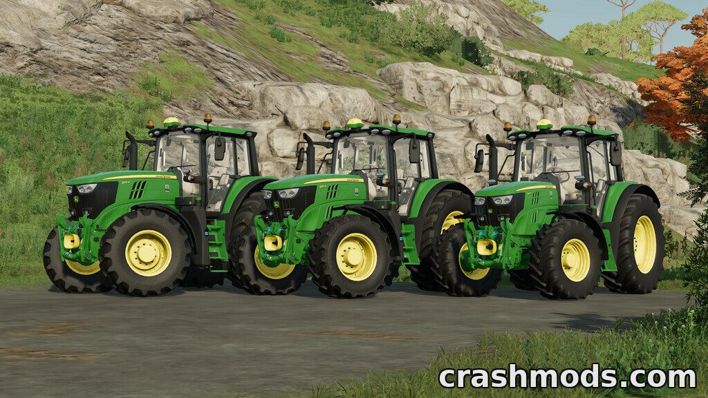 Three John Deere 6M Series tractors in varying configurations, showcasing detailed design and realistic textures in Farming Simulator 22.