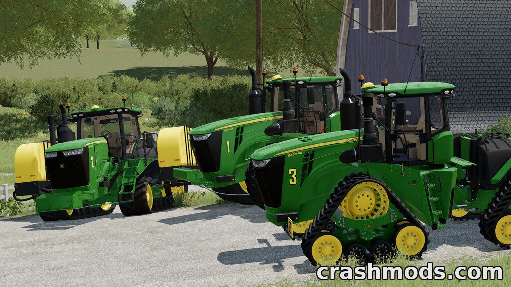 Three John Deere 9R, 9RT, and 9RX tractors showcase vibrant green and yellow designs in a rural setting.