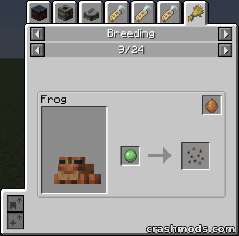 Frog breeding interface from the JEBr mod, showing requirements and items needed for Minecraft frog breeding.