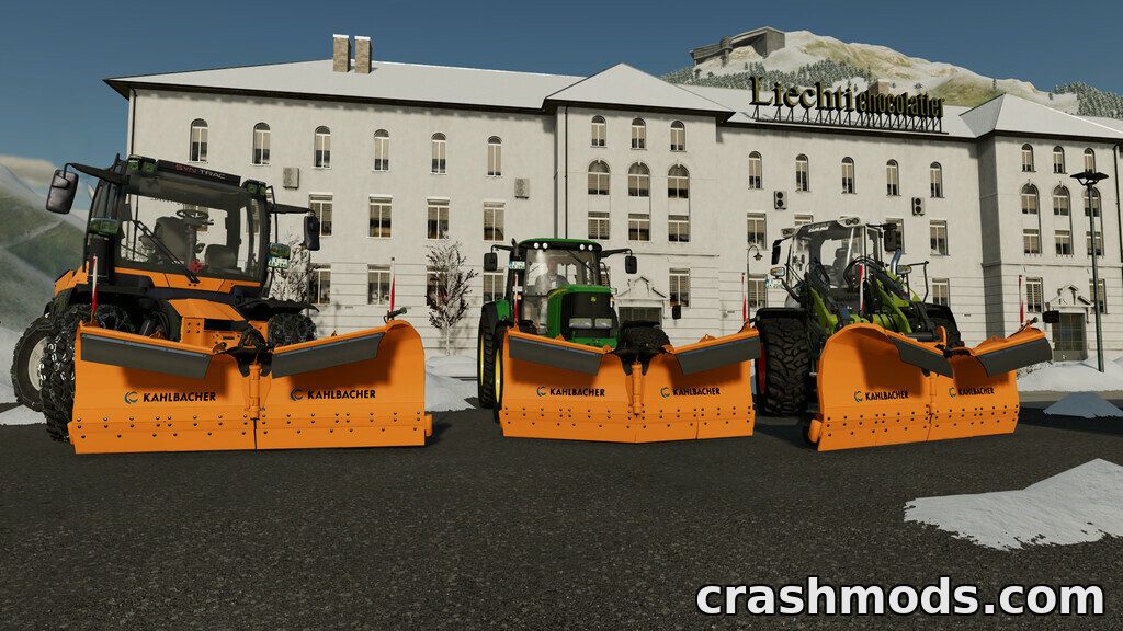 Three Kahlbacher snow plows and a snow blower attached to tractors, ready for winter operations in Farming Simulator 22.