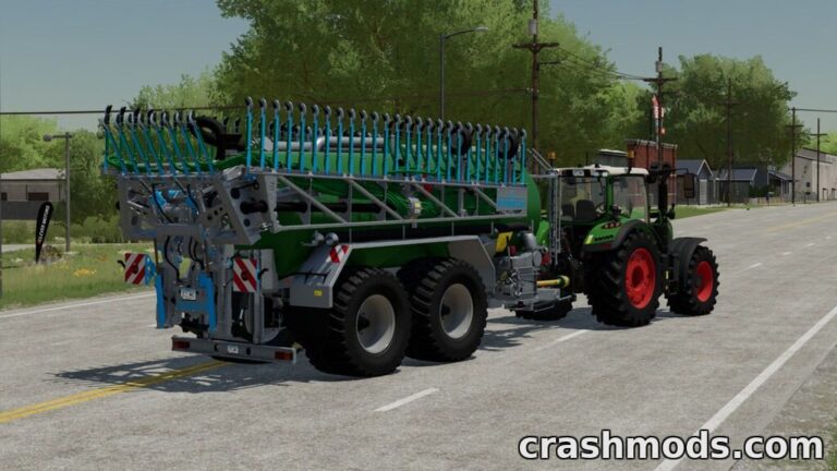 A detailed slurry tanker mod for Farming Simulator 22, showcasing realistic design and functionality on a rural road.