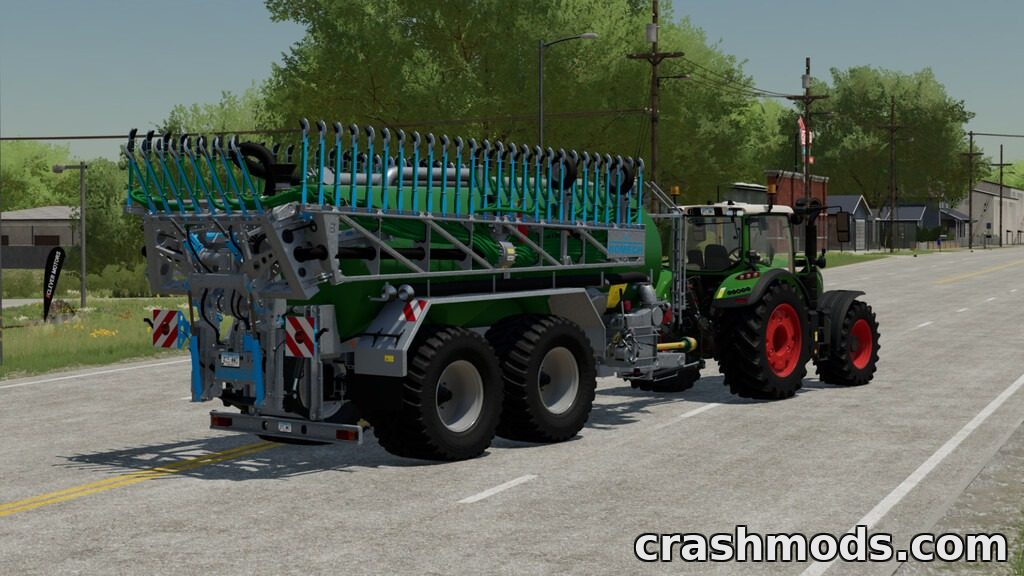 A detailed slurry tanker mod for Farming Simulator 22, showcasing realistic design and functionality on a rural road.