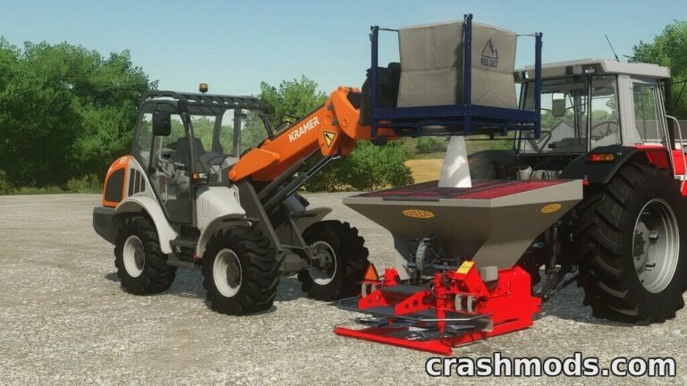 A Kramer KL30.8T telescopic wheel loader is loading material into a red spreader attachment in Farming Simulator 22.