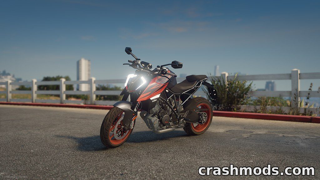 KTM Super Duke R 1290 motorcycle showcased in a vibrant urban setting, highlighting its sleek design and tuning features.
