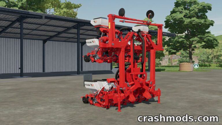 The Kuhn Planter 3R 12 Rows is showcased in a farm setting, ready for precision planting in Farming Simulator 22.