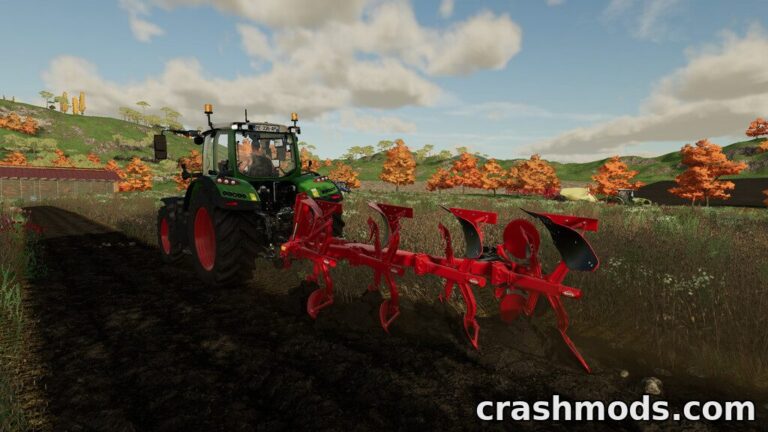 A Fendt tractor pulls the Kuhn VariMaster 153 reversible plow through a lush, autumn landscape in Farming Simulator 22.