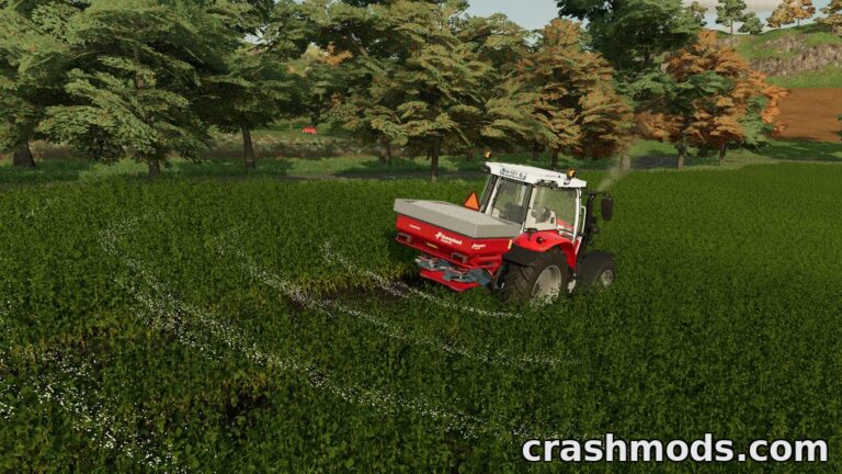 A tractor equipped with the Kverneland Exacta EL Pack spreads fertilizer across a lush green field in Farming Simulator 22.