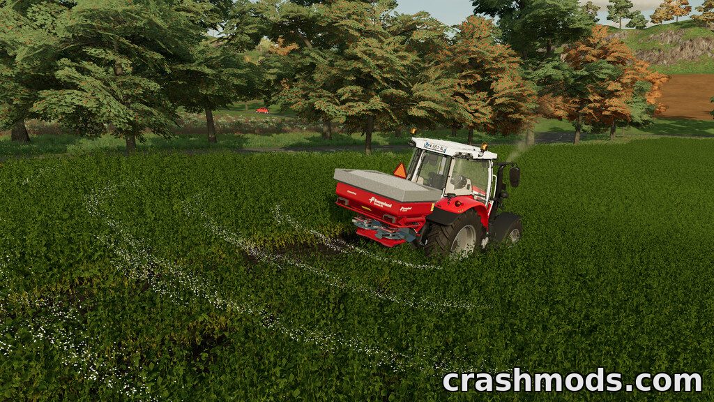 A tractor equipped with the Kverneland Exacta EL Pack spreads fertilizer across a lush green field in Farming Simulator 22.