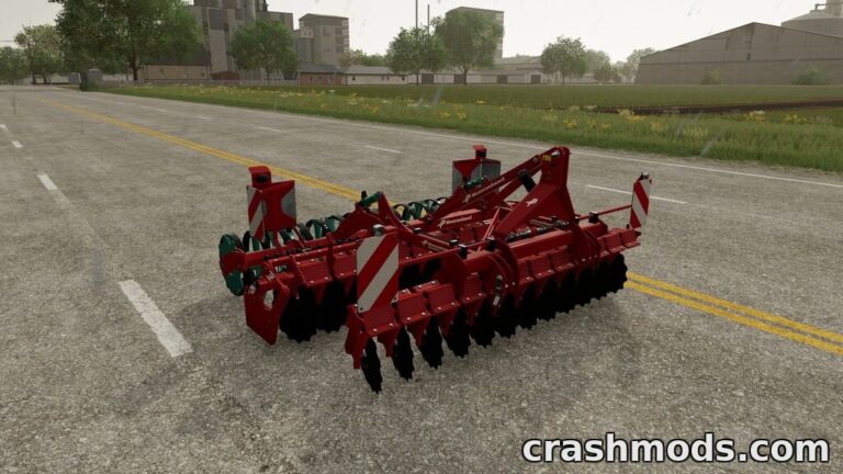 Detailed view of the Kverneland Qualidisc Farmer 3000 disc harrow, showcasing its design on a rural road in Farming Simulator 22.