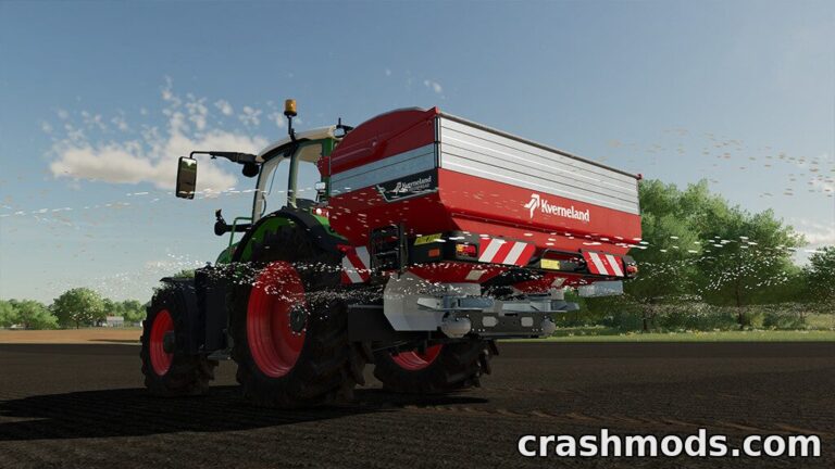 A Kverneland TLX Geospread fertilizer spreader in action, dispersing fertilizer across a field in Farming Simulator 22.