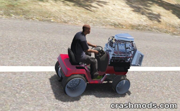 A player drives a custom lawn mower with a modified engine on a road in Grand Theft Auto 5.