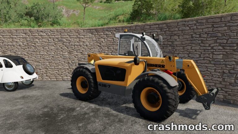 Liebherr TL 436-7 telehandler parked next to a small car, showcasing its detailed design in Farming Simulator 22.