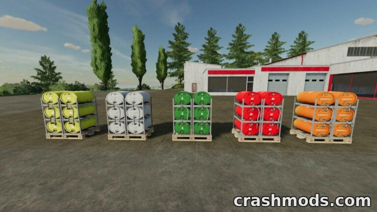 Colorful 1,500-liter barrels for water, fertilizer, herbicide, diesel, and additives lined up on pallets in Farming Simulator 22.