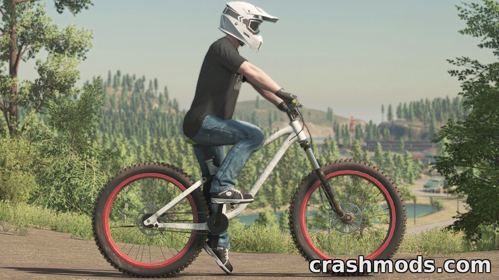 A player rides a Lizard Mountain Bike at high speed on a dirt path in Farming Simulator 22, surrounded by trees.