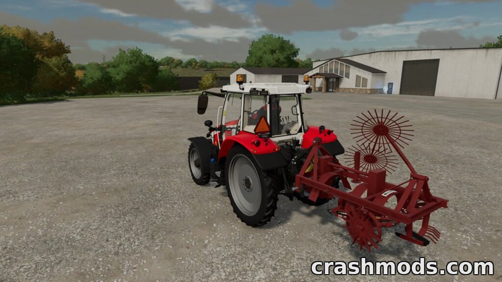 A red tractor equipped with a sugar beet harvester attachment, set in a farmyard environment in Farming Simulator 22.
