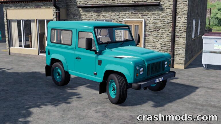 A teal 4WD car with a boxy design parked outside a building in Farming Simulator 22. Features 300 HP for robust performance.