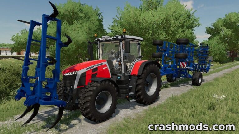 A red tractor equipped with the LIZARD Subsoiler 6MT/9MT plows through a lush green field in Farming Simulator 22.