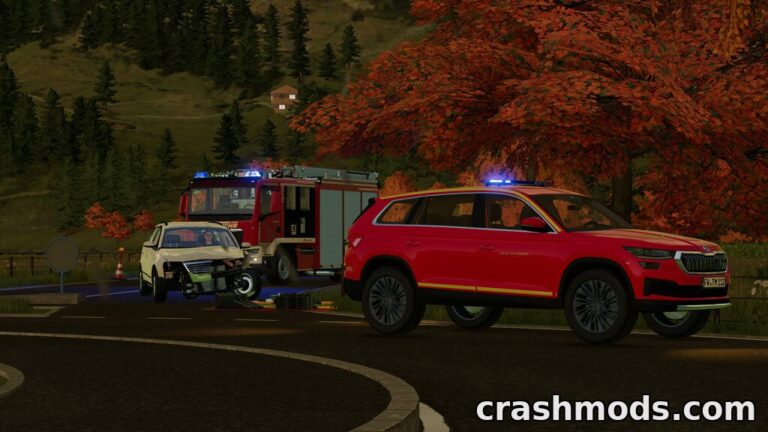 A red Lizard SUV and a fire truck respond to an emergency on a scenic road in Farming Simulator 22.