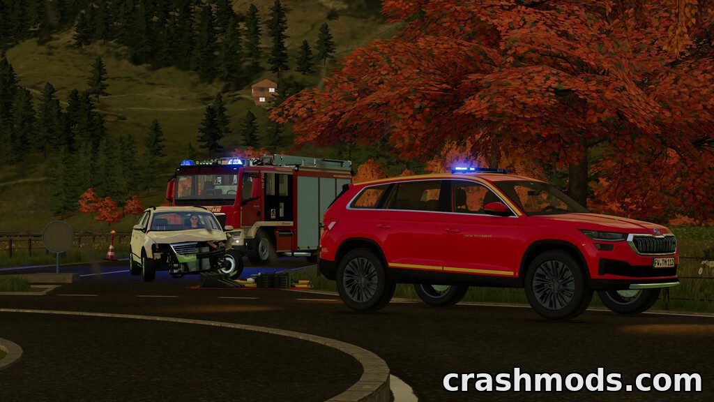 A red Lizard SUV and a fire truck respond to an emergency on a scenic road in Farming Simulator 22.