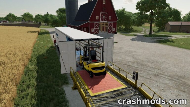 A forklift loads goods onto a dock leveler at a farm, showcasing the "Lizard Dock Ramp" mod for Farming Simulator 22.