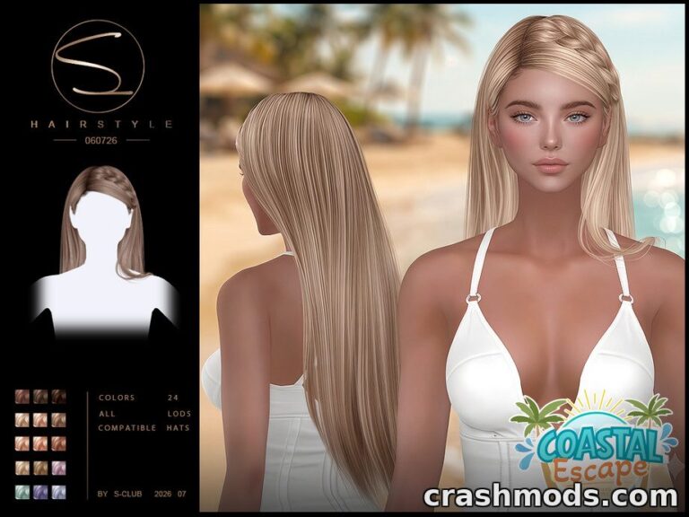 Long, flowing hairstyle for The Sims 4, showcasing a beachy look with 24 color options and hat compatibility.